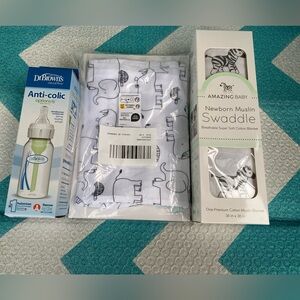 Dr. Brown's Anti-Colic Bottle, carters onesie and Amazing Baby Swaddle